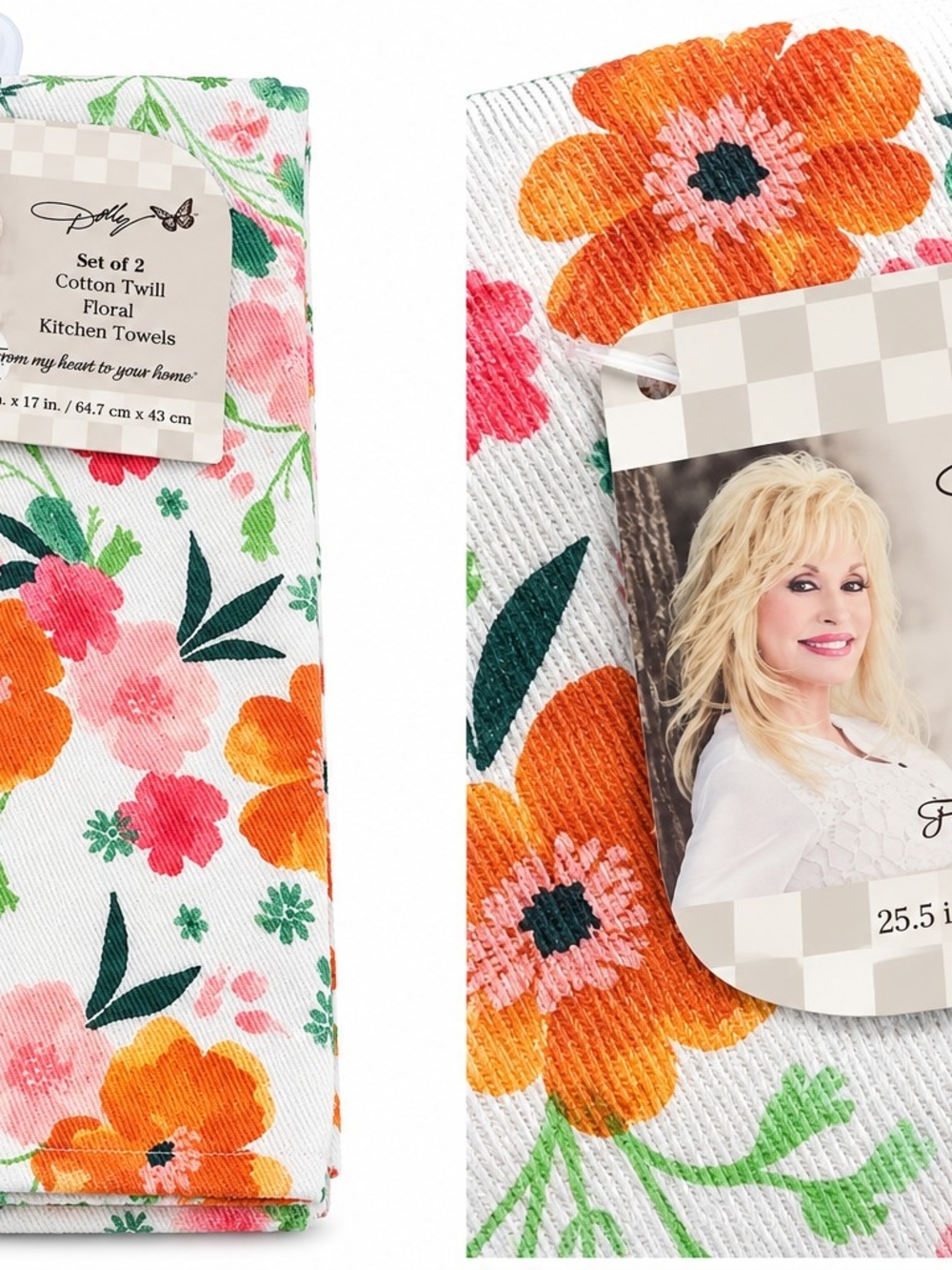 Floral Cotton Twill Kitchen Towels - Orange & Pink